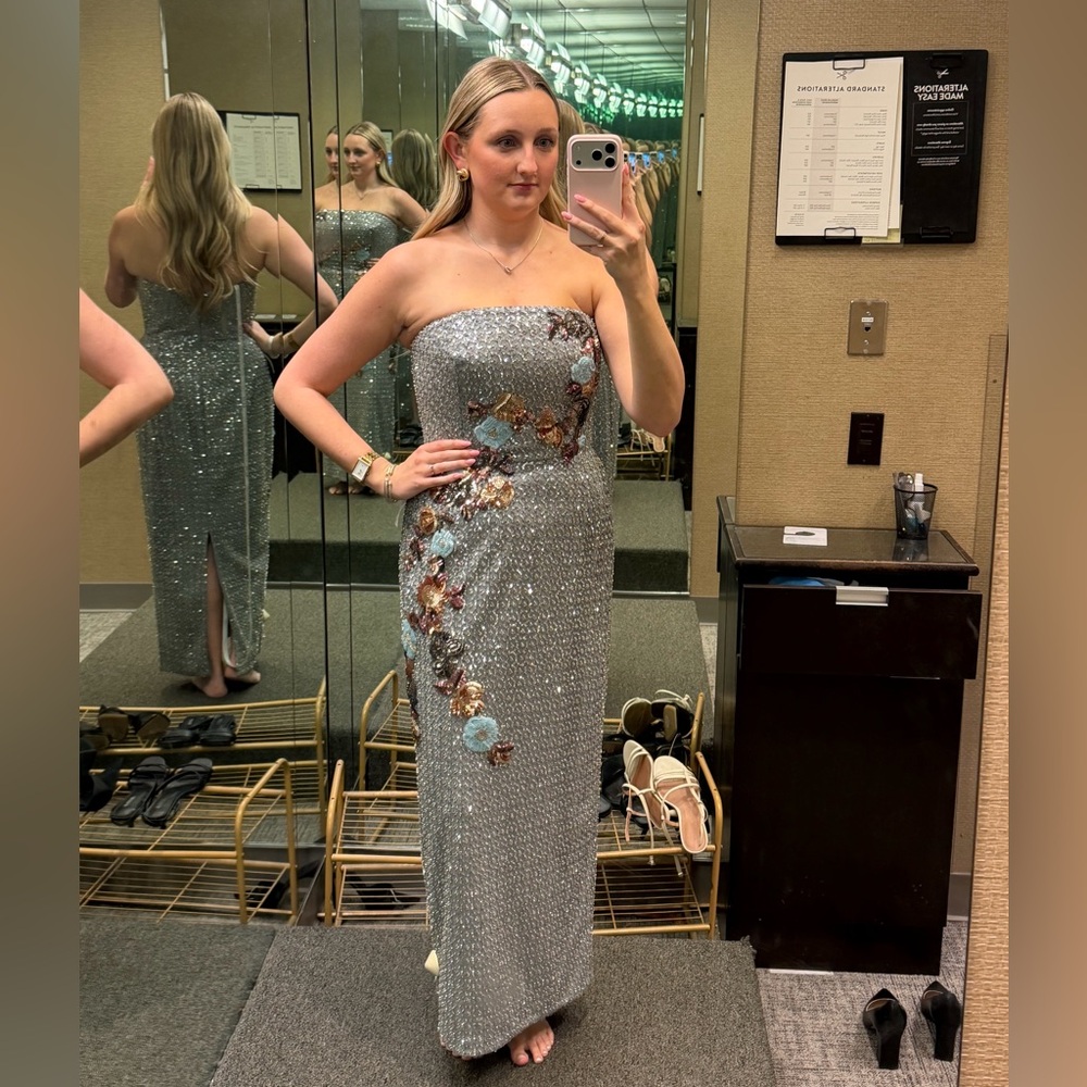 Glamorous Strapless Silver Dress with Floral Accents Helsi Silvia